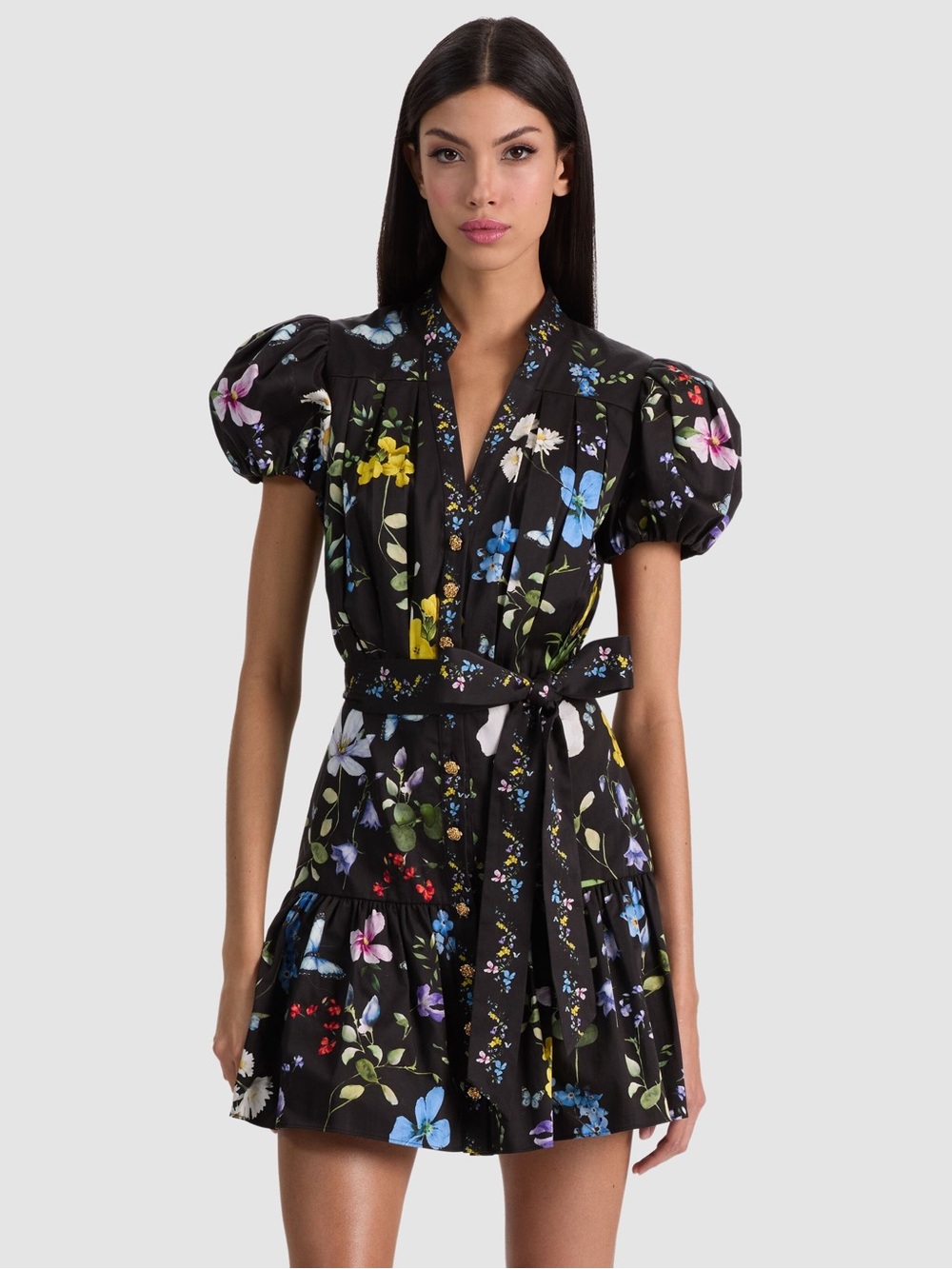 Alice + Olivia Cora Mini Shirt Dress in Twisting Vines Black XS